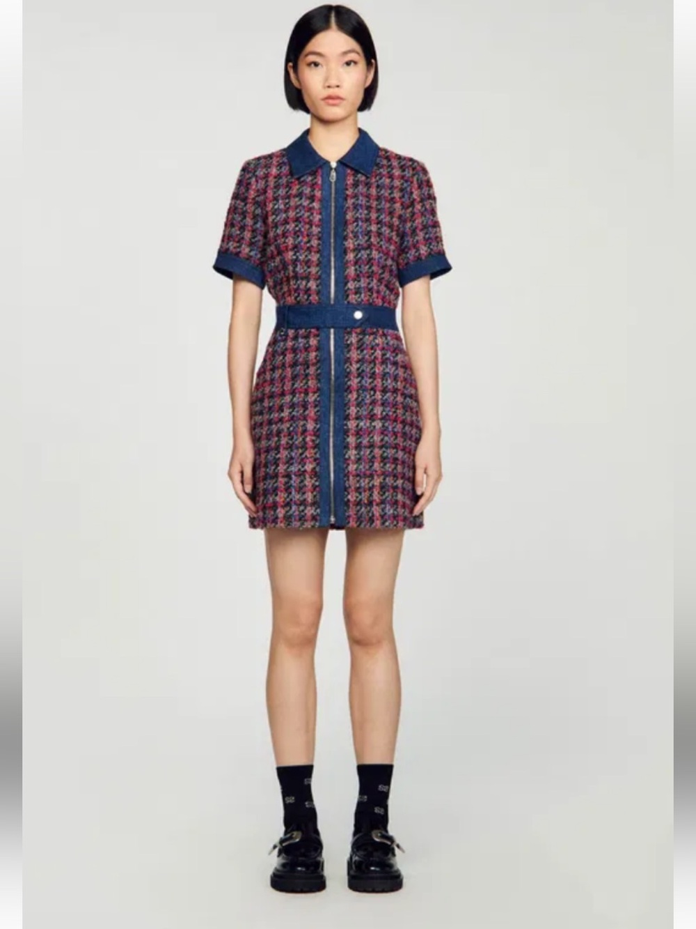 SANDRO Tweed Zip-Front Mini Dress in Pink and Navy